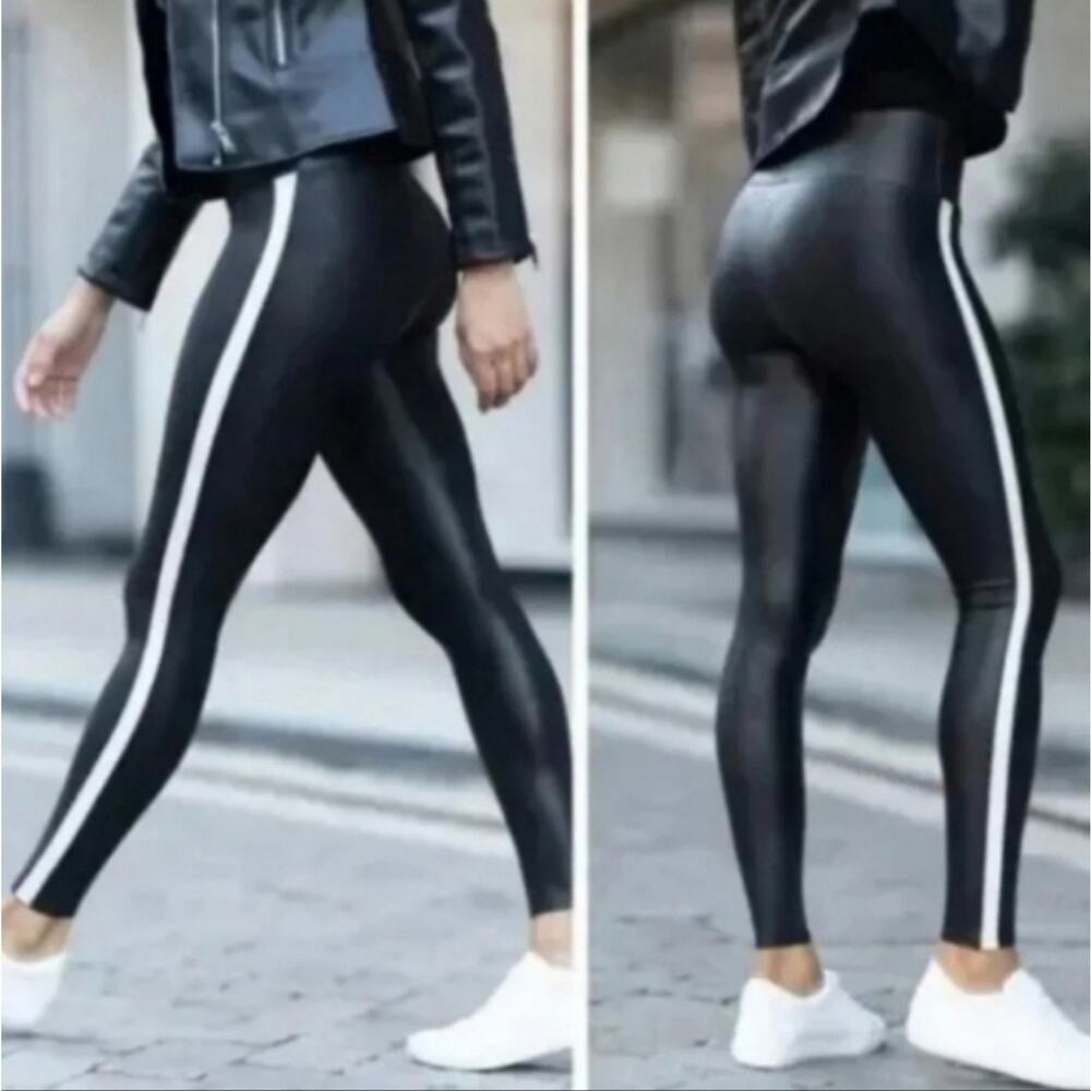 SPANX  Faux Leather Black With White Strip on the Side Stretch Leggings.…